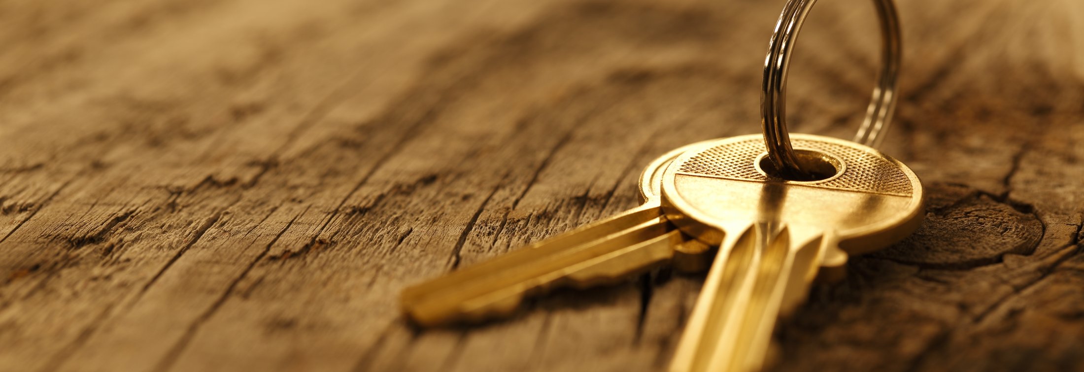 A closeup shot of an old set skeleton keys laying on old wood table, shot with very shallow depth of field.