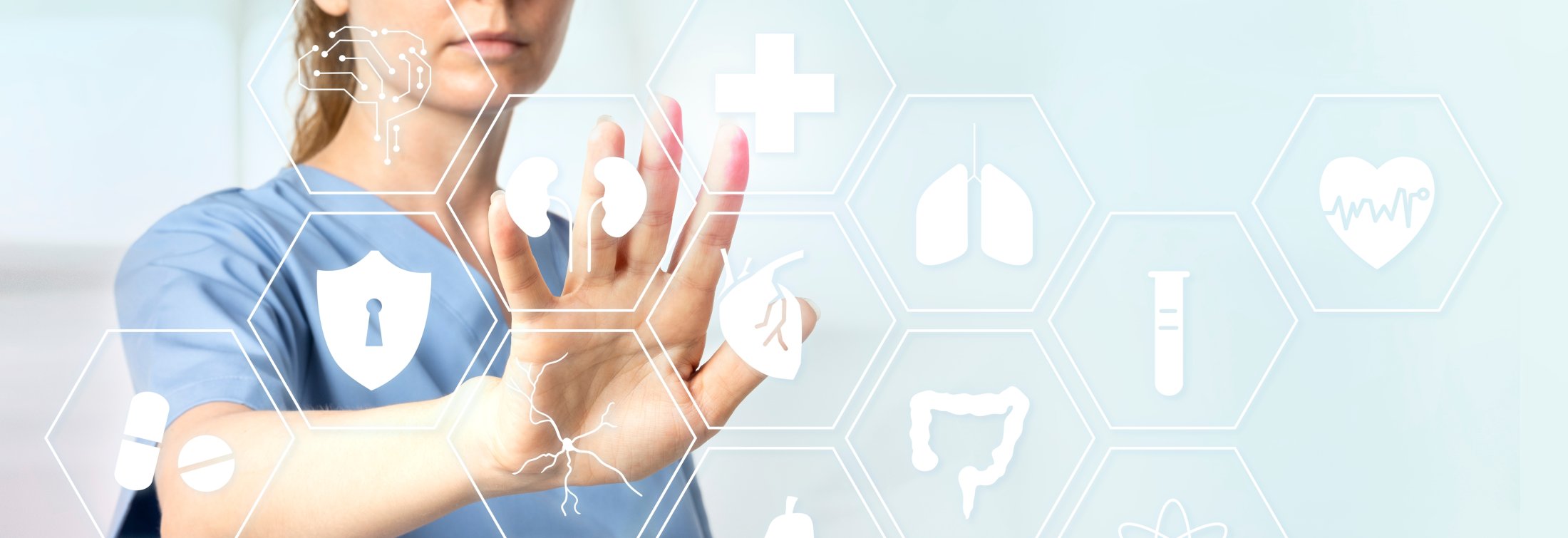 Female doctor with smart glasses touching virtual screen medical technology